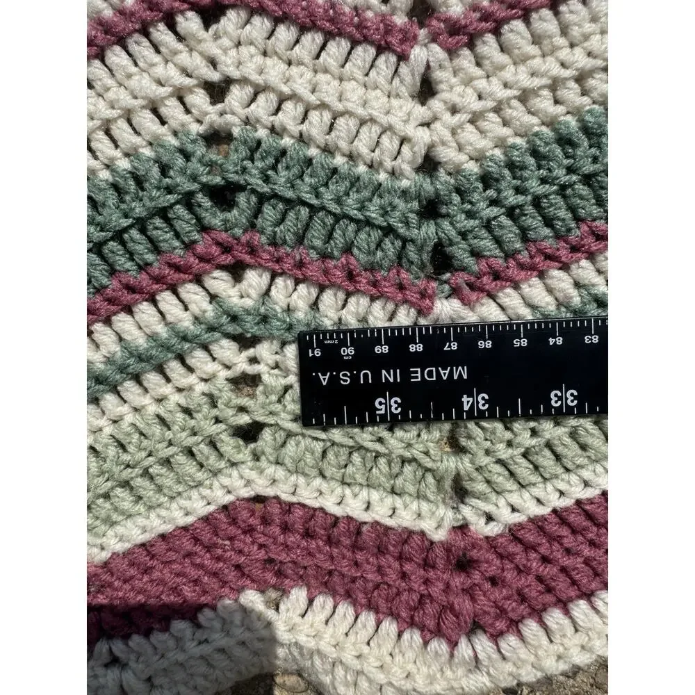 Handmade Crochet Chevron Afghan Blanket Green Burgundy Cream 73x90 Large